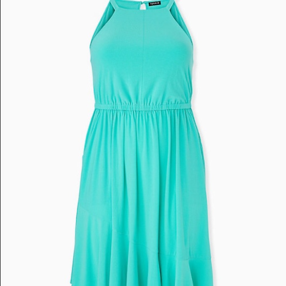 TORRID TURQUOISE CREPE HIGH NECK SKATER DRESS